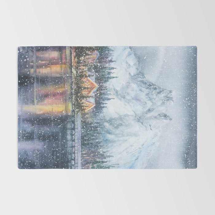 Enchanting Snowy Log Cabin Alpine Lake Rug Gallery Image 2