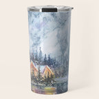 Enchanting Snowy Log Cabin Alpine Lake Travel Mug Gallery Image 1