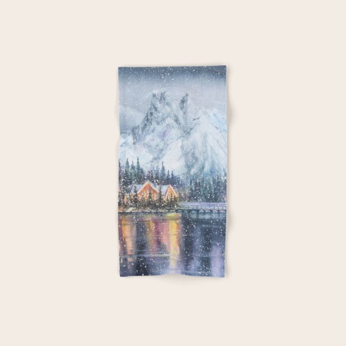 Enchanting Snowy Log Cabin Alpine Lake Bath Towel Gallery Image 1