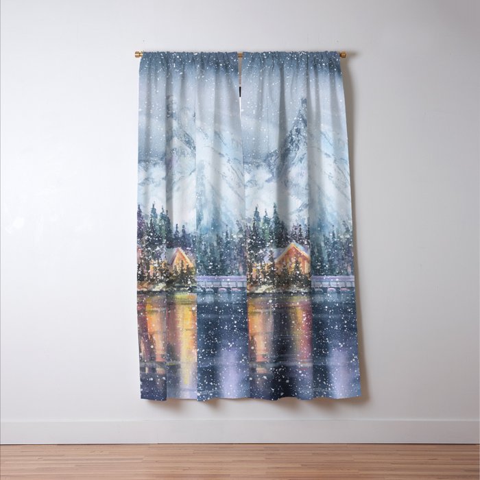 Enchanting Snowy Log Cabin Alpine Lake Window Curtain Gallery Image 3