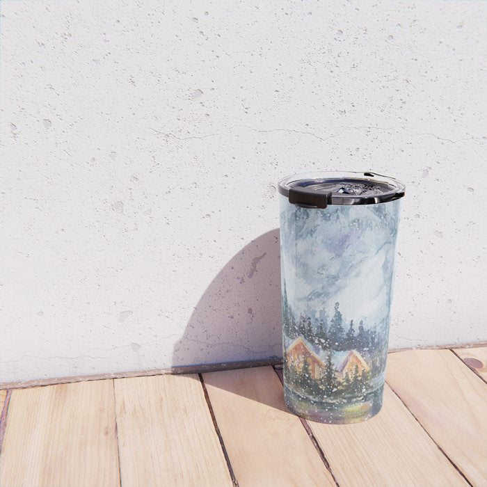 Enchanting Snowy Log Cabin Alpine Lake Travel Mug Gallery Image 4