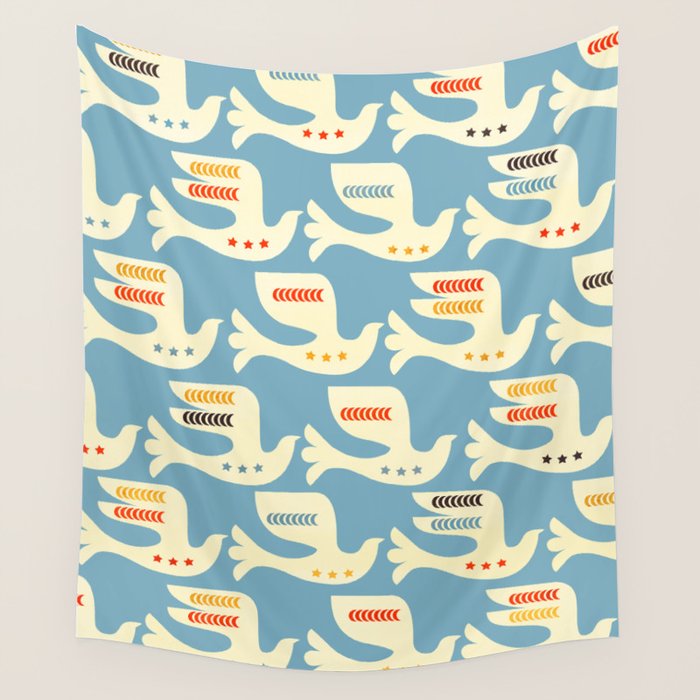 Festive Birds Blue Wall Tapestry Gallery Image 1