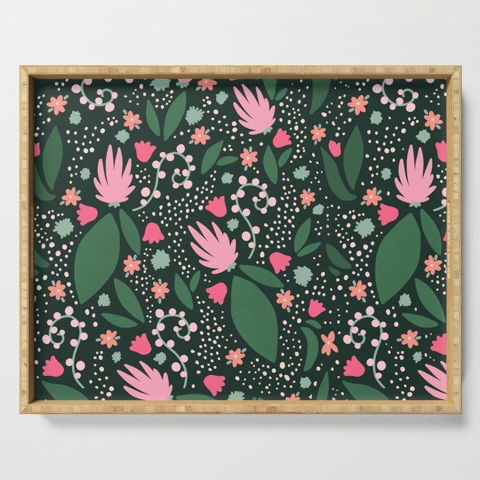 Flowers pattern in pink and green Serving Tray Gallery Image 1