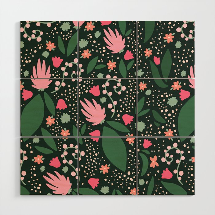 Flowers pattern in pink and green Wood Wall Art Gallery Image 1