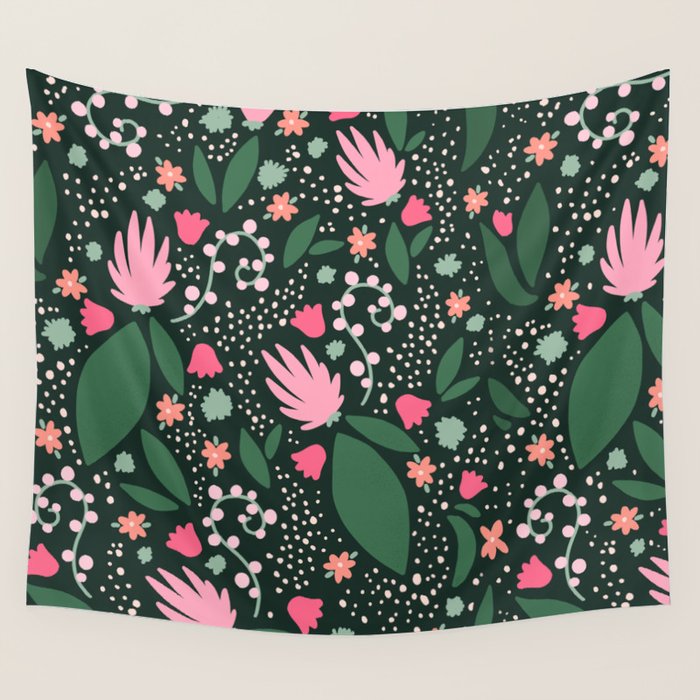 Flowers pattern in pink and green Wall Tapestry Gallery Image 4