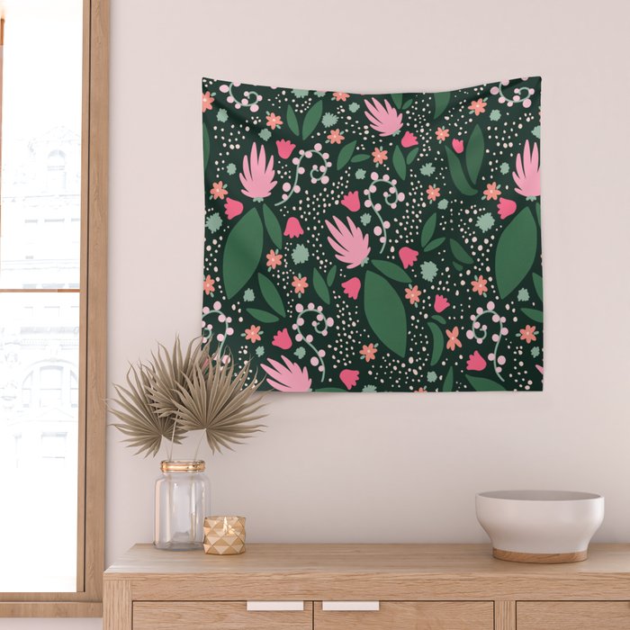 Flowers pattern in pink and green Wall Tapestry Gallery Image 2