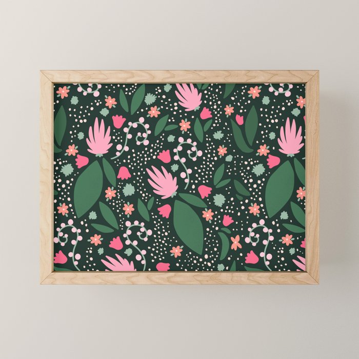 Flowers pattern in pink and green Mini Art Print Gallery Image 1