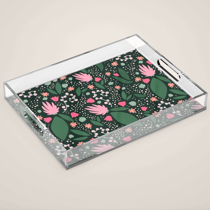 Flowers pattern in pink and green Acrylic Tray Gallery Image 1