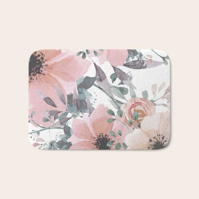 Watercolor, Blush Pink and Peach, Floral Prints Bath Mat Gallery Image 1