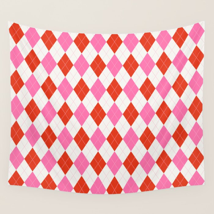 Pink and Red Argyle Wall Tapestry Gallery Image 1
