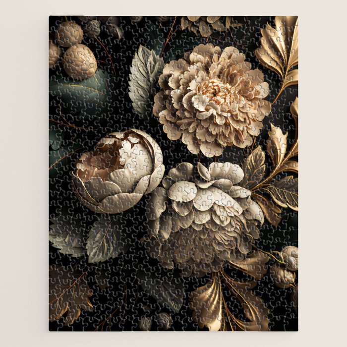 Victorian Cameo and Dark Floral Print Jigsaw Puzzle Gallery Image 1