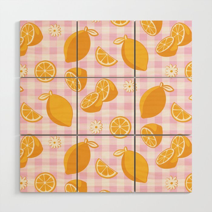 Lemons on Pastel Baby Pink Gingham Wood Wall Art Gallery Image 1