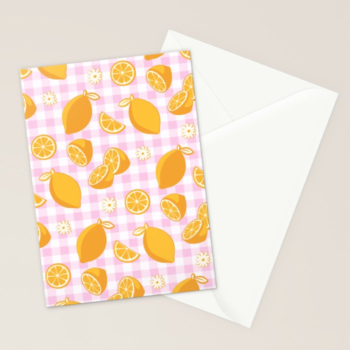 Lemons on Pastel Baby Pink Gingham Stationery Card Gallery Image 2