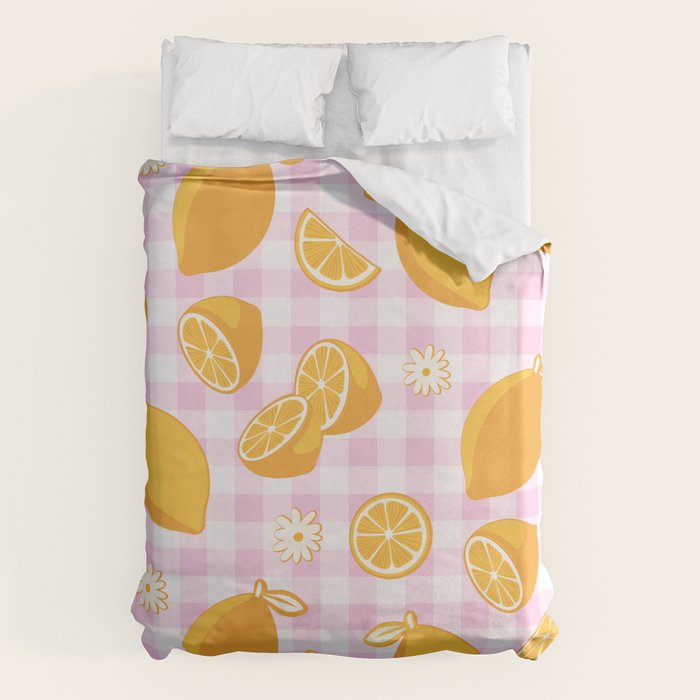 Lemons on Pastel Baby Pink Gingham Duvet Cover Gallery Image 6