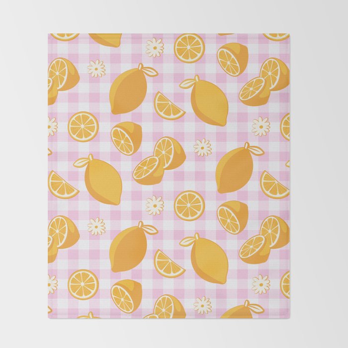 Lemons on Pastel Baby Pink Gingham Throw Blanket Gallery Image 2