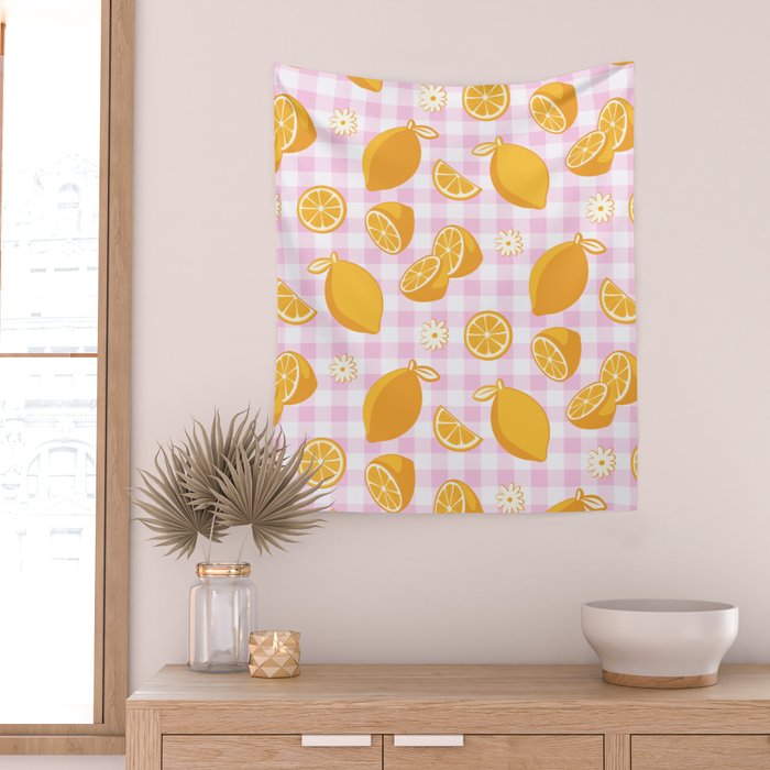 Lemons on Pastel Baby Pink Gingham Wall Tapestry Gallery Image 2