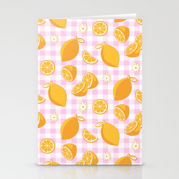 Lemons on Pastel Baby Pink Gingham Stationery Card Gallery Image 2