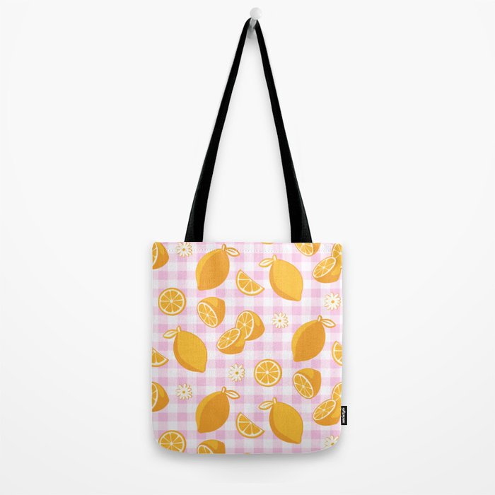 Lemons on Pastel Baby Pink Gingham Tote Bag Gallery Image 2