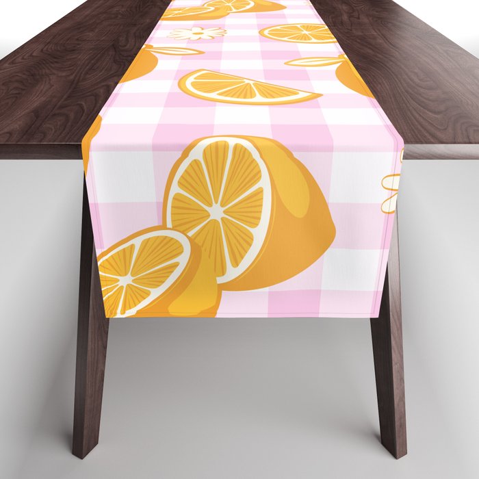 Lemons on Pastel Baby Pink Gingham Table Runner Gallery Image 1