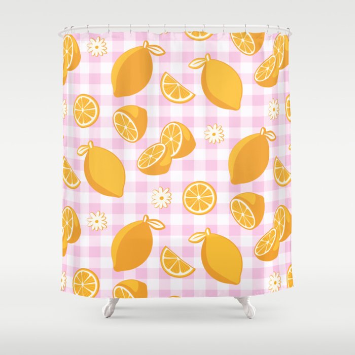 Lemons on Pastel Baby Pink Gingham Shower Curtain Gallery Image 1