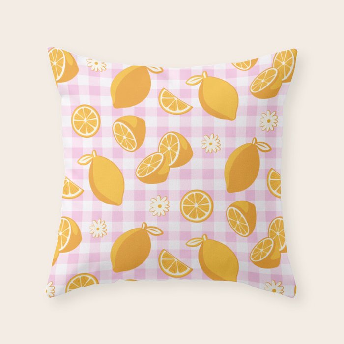 Lemons on Pastel Baby Pink Gingham Throw Pillow Gallery Image 6