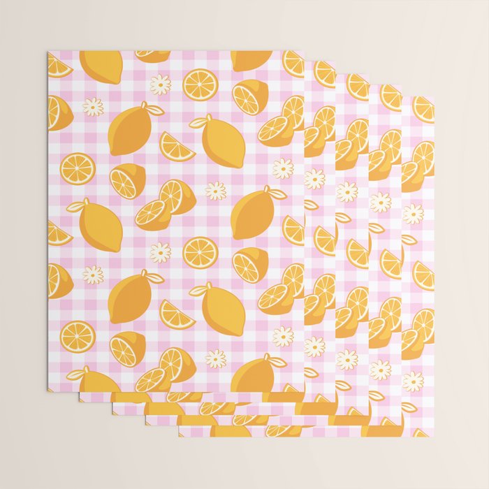 Lemons on Pastel Baby Pink Gingham Wrapping Paper Gallery Image 3