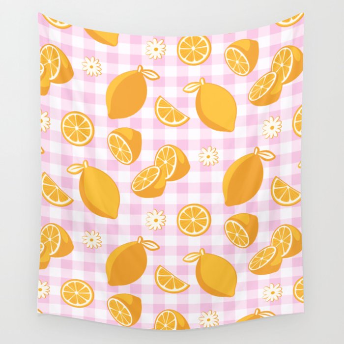 Lemons on Pastel Baby Pink Gingham Wall Tapestry Gallery Image 4