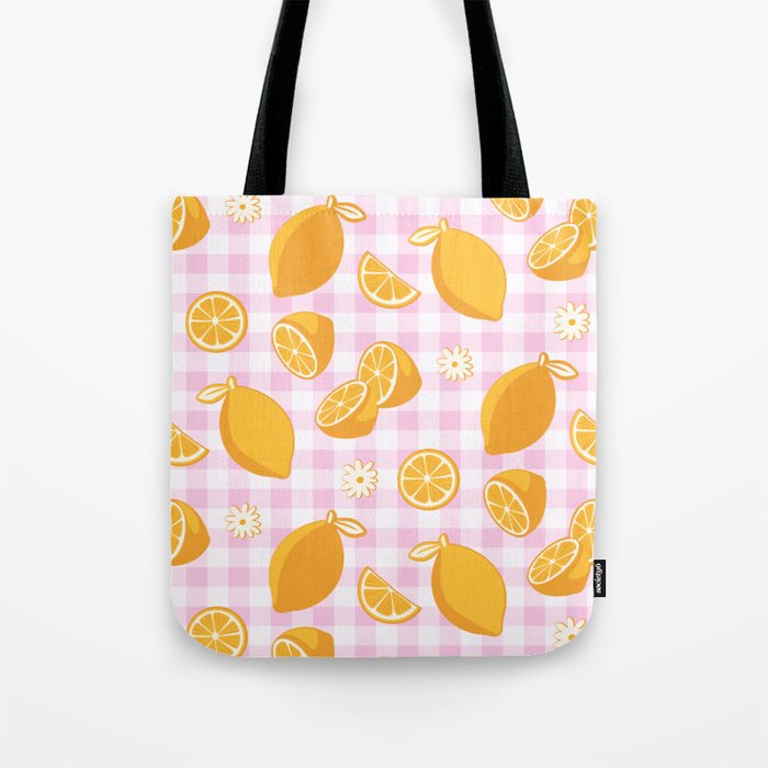 Lemons on Pastel Baby Pink Gingham Tote Bag Gallery Image 1