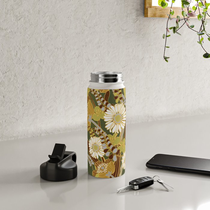70s, flowers, green, retro, vintage, floral bouquet, olive green Water Bottle Gallery Image 4