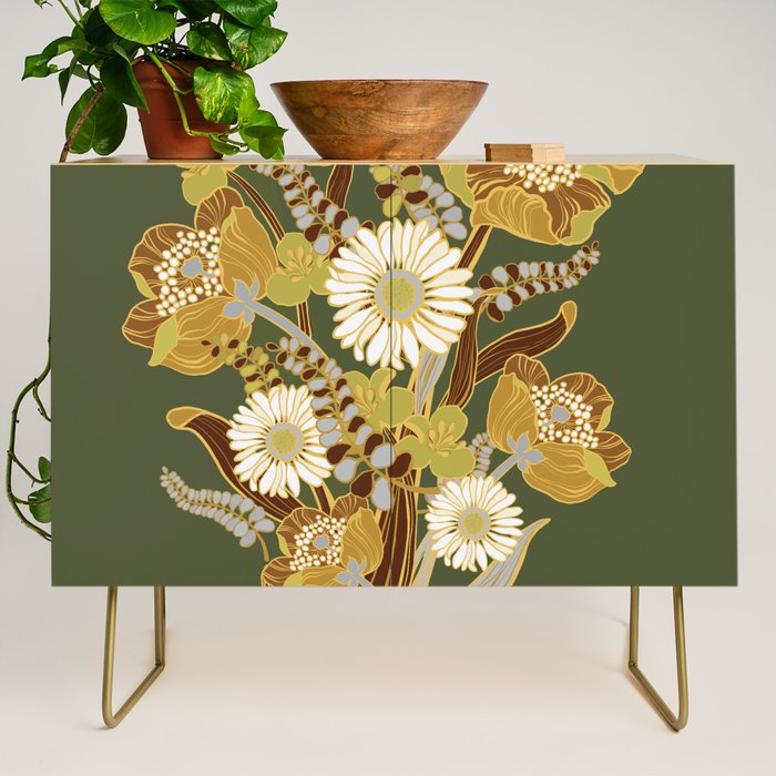 70s, flowers, green, retro, vintage, floral bouquet, olive green Credenza Gallery Image 1