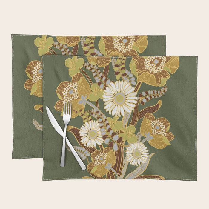 70s, flowers, green, retro, vintage, floral bouquet, olive green Placemat Gallery Image 1