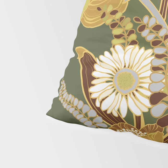 70s, flowers, green, retro, vintage, floral bouquet, olive green Pillow Sham Gallery Image 4