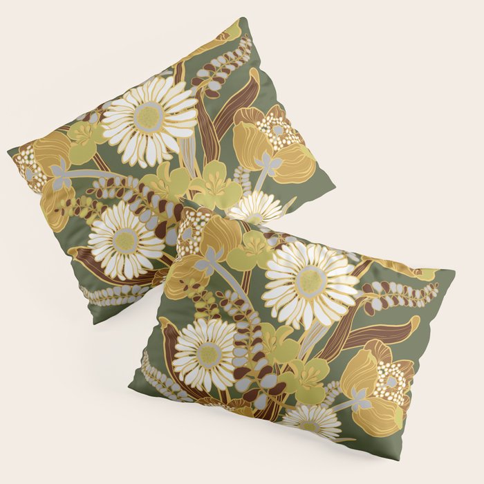 70s, flowers, green, retro, vintage, floral bouquet, olive green Pillow Sham Gallery Image 3