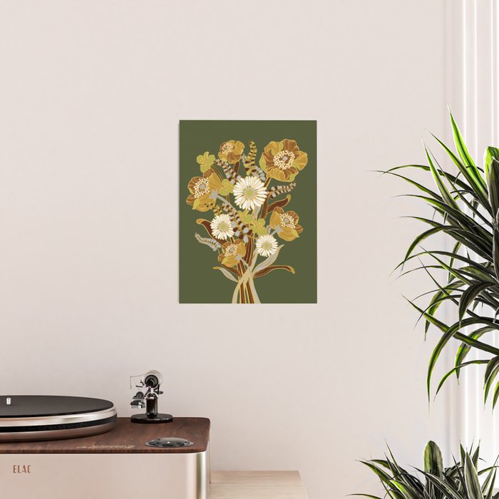 70s, flowers, green, retro, vintage, floral bouquet, olive green Poster Gallery Image 2