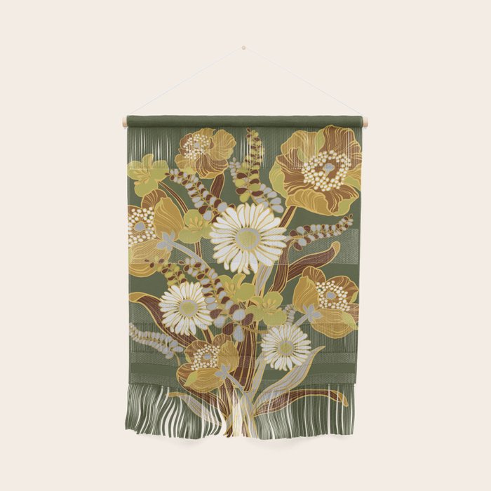 70s, flowers, green, retro, vintage, floral bouquet, olive green Wall Hanging Gallery Image 1