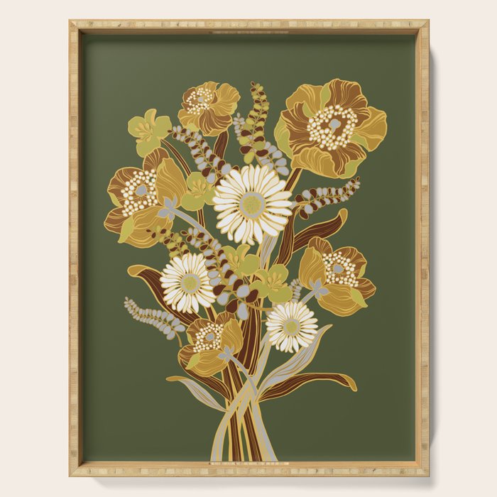 70s, flowers, green, retro, vintage, floral bouquet, olive green Serving Tray Gallery Image 1