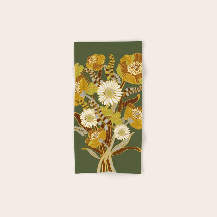 70s, flowers, green, retro, vintage, floral bouquet, olive green Bath Towel Gallery Image 1
