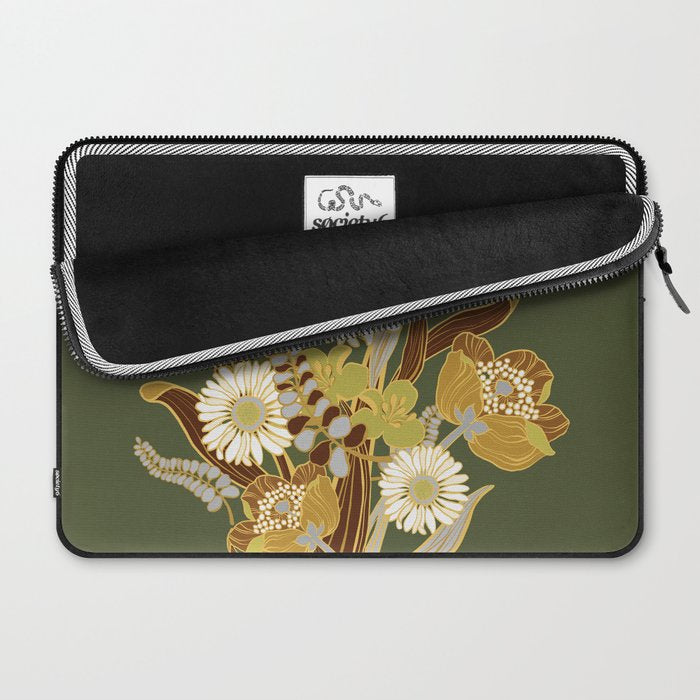 70s, flowers, green, retro, vintage, floral bouquet, olive green Laptop Sleeve Gallery Image 2