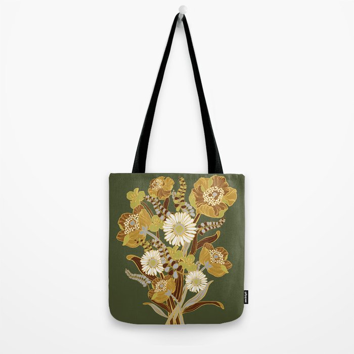 70s, flowers, green, retro, vintage, floral bouquet, olive green Tote Bag Gallery Image 2