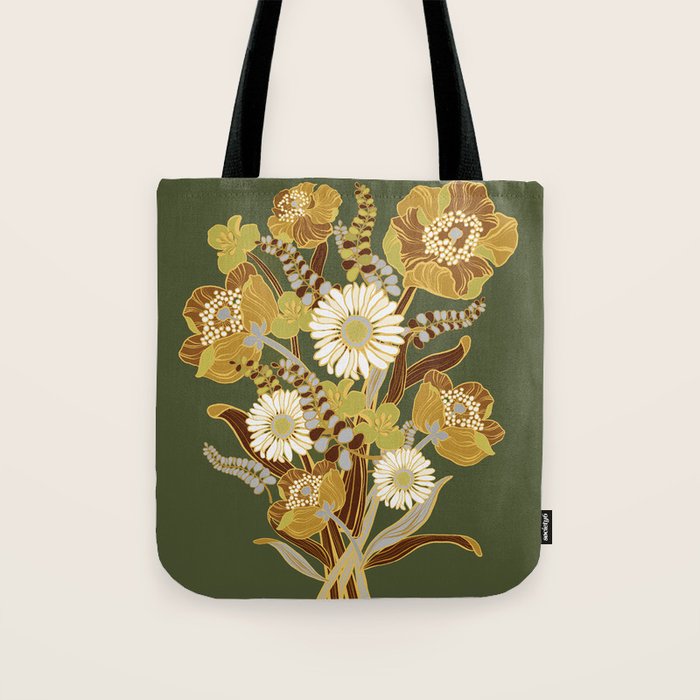 70s, flowers, green, retro, vintage, floral bouquet, olive green Tote Bag Gallery Image 1
