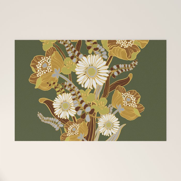 70s, flowers, green, retro, vintage, floral bouquet, olive green Welcome Mat Gallery Image 1
