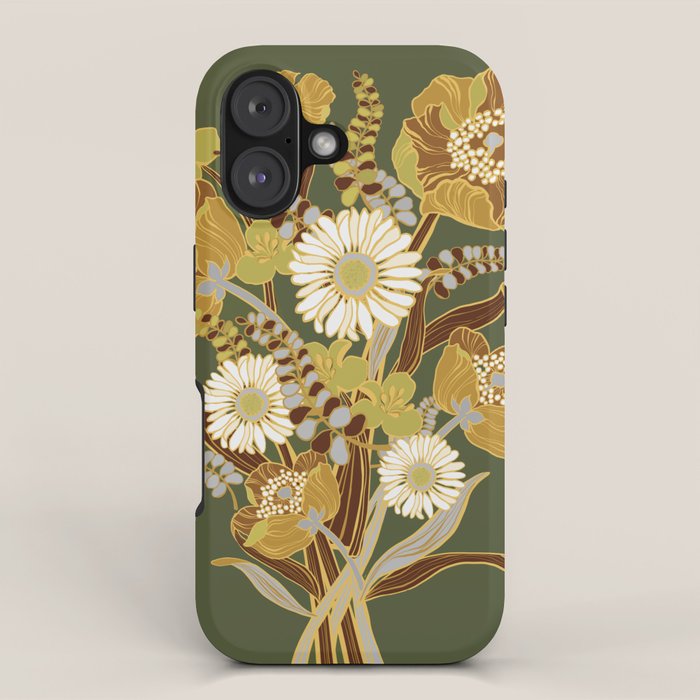 70s, flowers, green, retro, vintage, floral bouquet, olive green iPhone Case Gallery Image 1