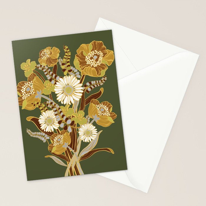 70s, flowers, green, retro, vintage, floral bouquet, olive green Stationery Card Gallery Image 2