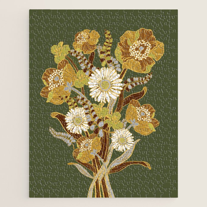 70s, flowers, green, retro, vintage, floral bouquet, olive green Jigsaw Puzzle