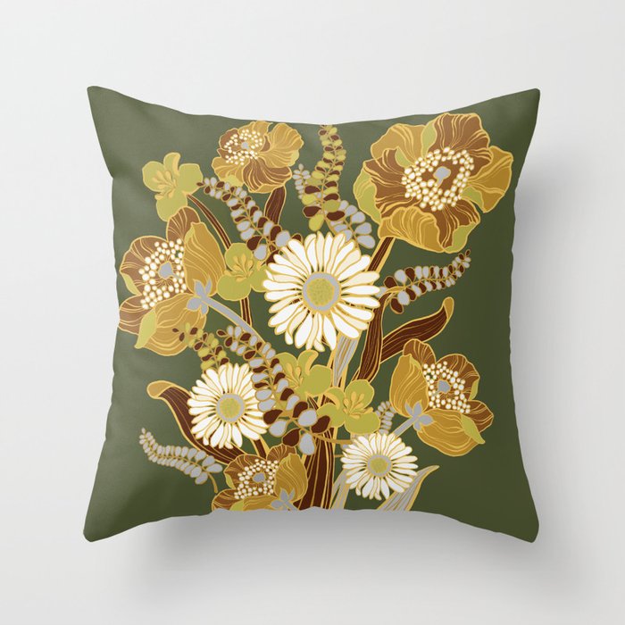 70s, flowers, green, retro, vintage, floral bouquet, olive green Throw Pillow Gallery Image 1