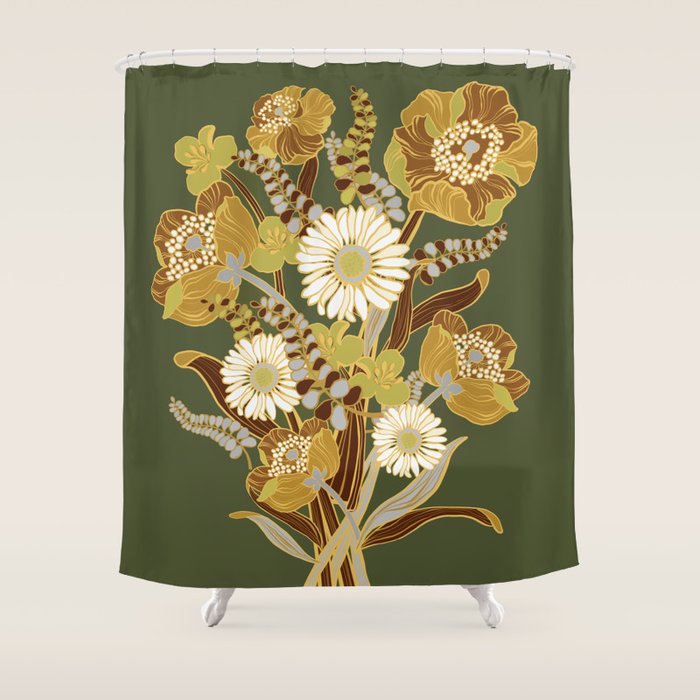 70s, flowers, green, retro, vintage, floral bouquet, olive green Shower Curtain Gallery Image 1