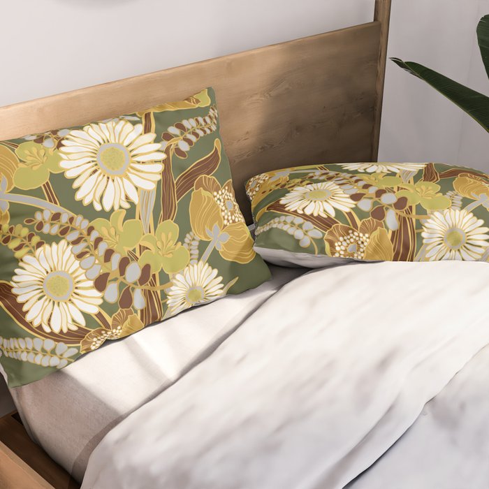 70s, flowers, green, retro, vintage, floral bouquet, olive green Pillow Sham Gallery Image 2