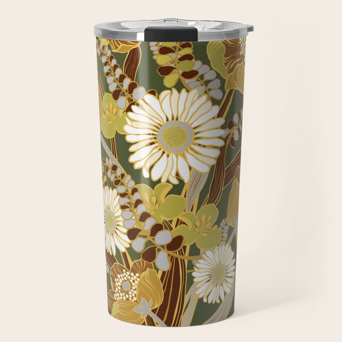 70s, flowers, green, retro, vintage, floral bouquet, olive green Travel Mug Gallery Image 1