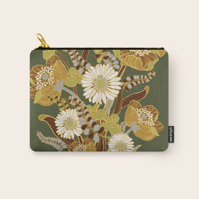 70s, flowers, green, retro, vintage, floral bouquet, olive green Carry All Pouch Gallery Image 1