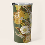 70s, flowers, green, retro, vintage, floral bouquet, olive green Travel Mug Gallery Image 3